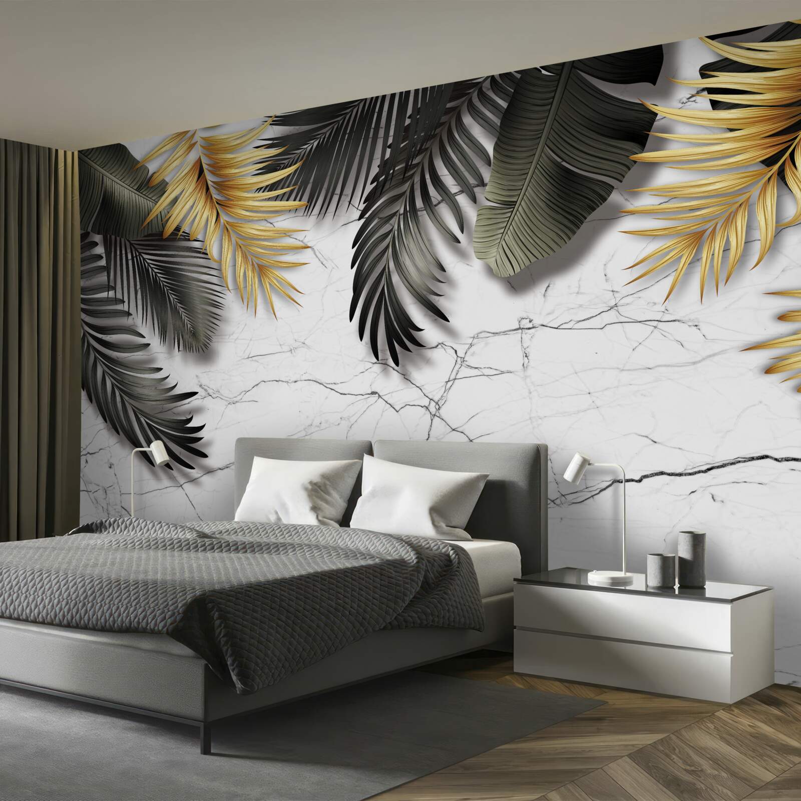 Фотошпалери мармур прикрашений золотом і чорним пальмовим листям