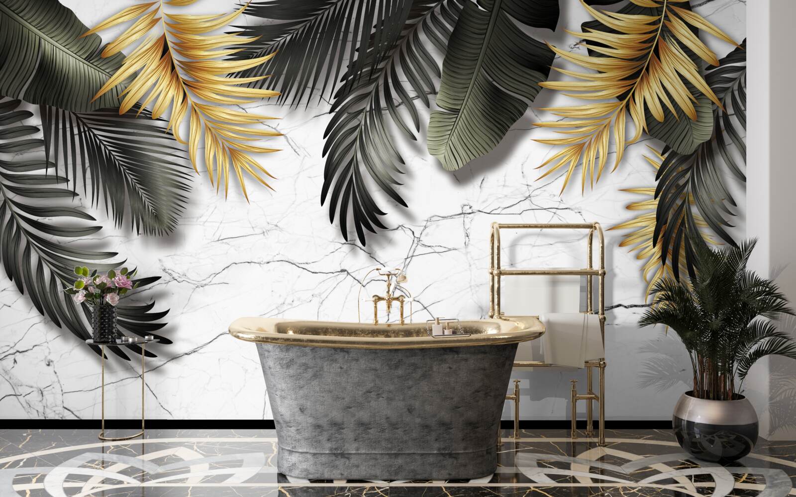 Фотошпалери мармур прикрашений золотом і чорним пальмовим листям