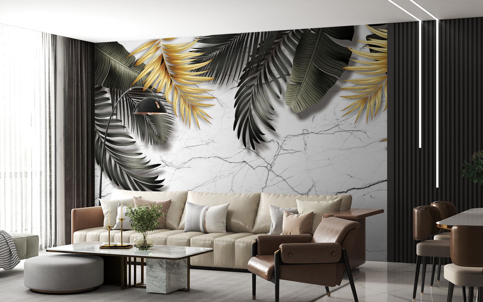 Фотошпалери мармур прикрашений золотом і чорним пальмовим листям