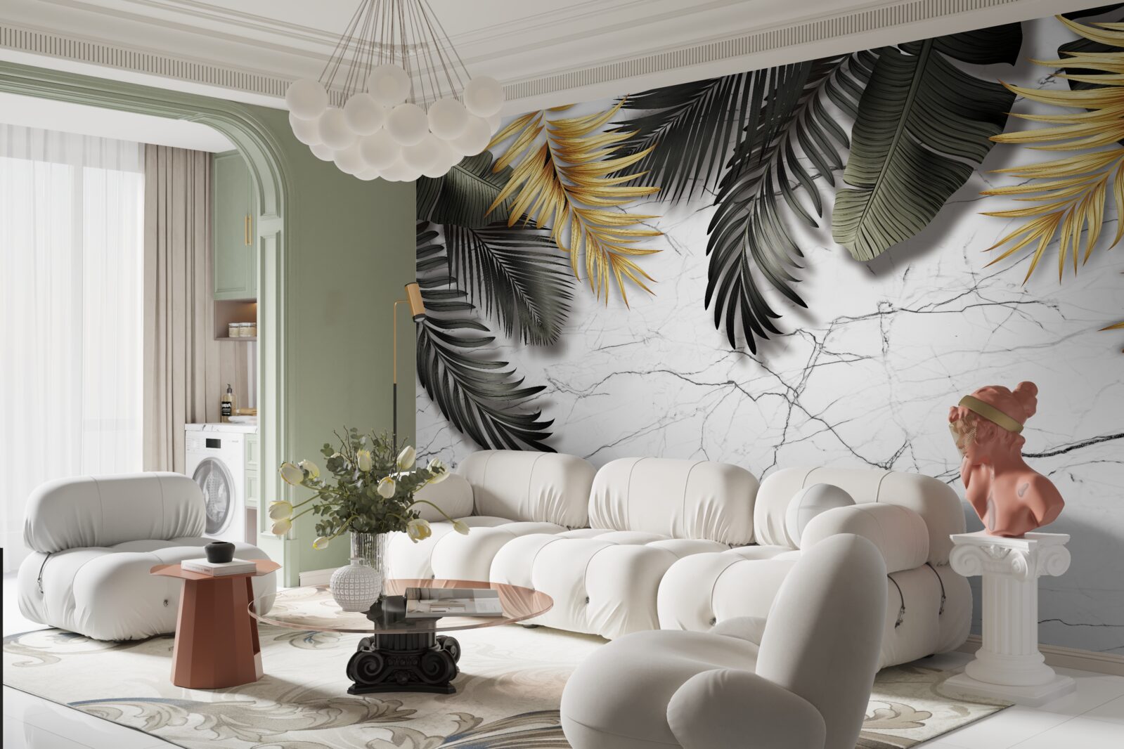 Фотошпалери мармур прикрашений золотом і чорним пальмовим листям