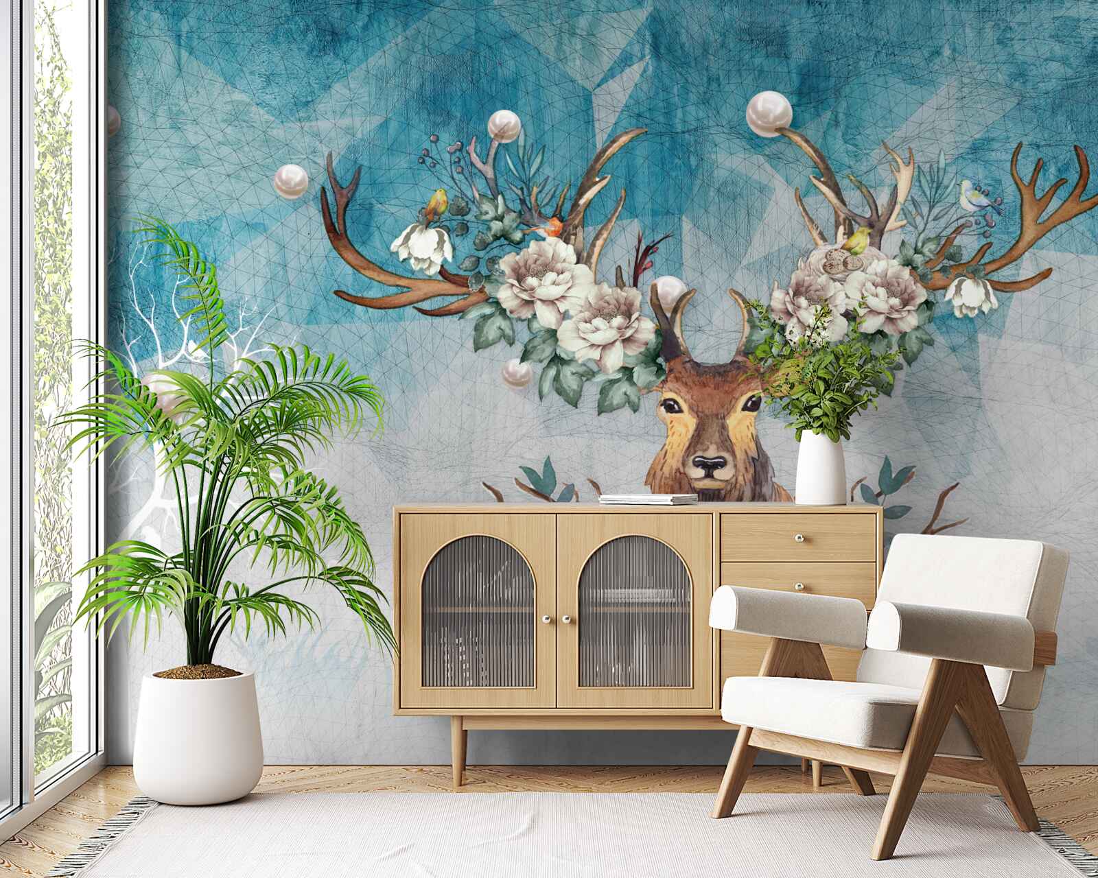 Фотошпалери зимова лань з квітами, що прикрашають її роги