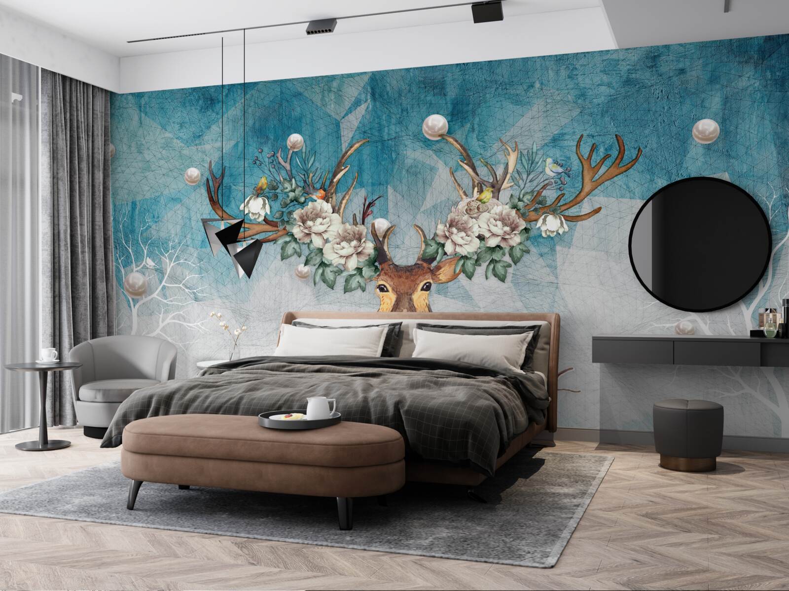 Фотошпалери зимова лань з квітами, що прикрашають її роги