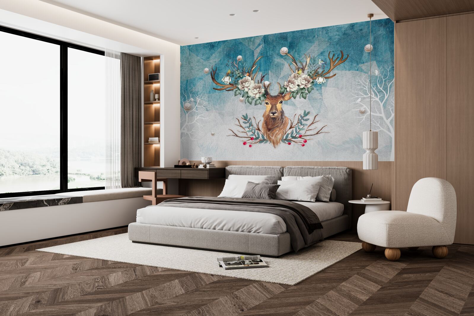 Фотошпалери зимова лань з квітами, що прикрашають її роги