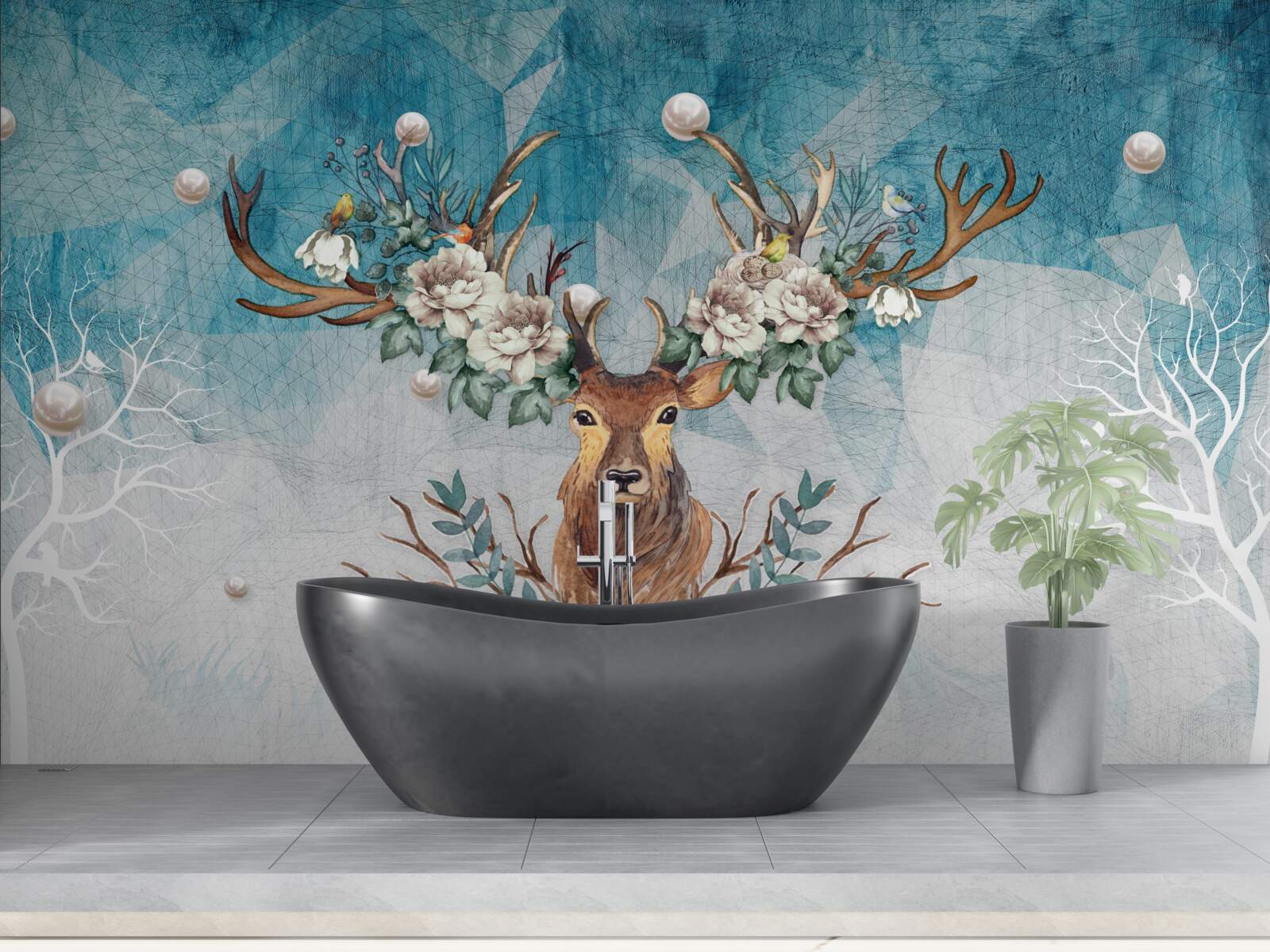 Фотошпалери зимова лань з квітами, що прикрашають її роги