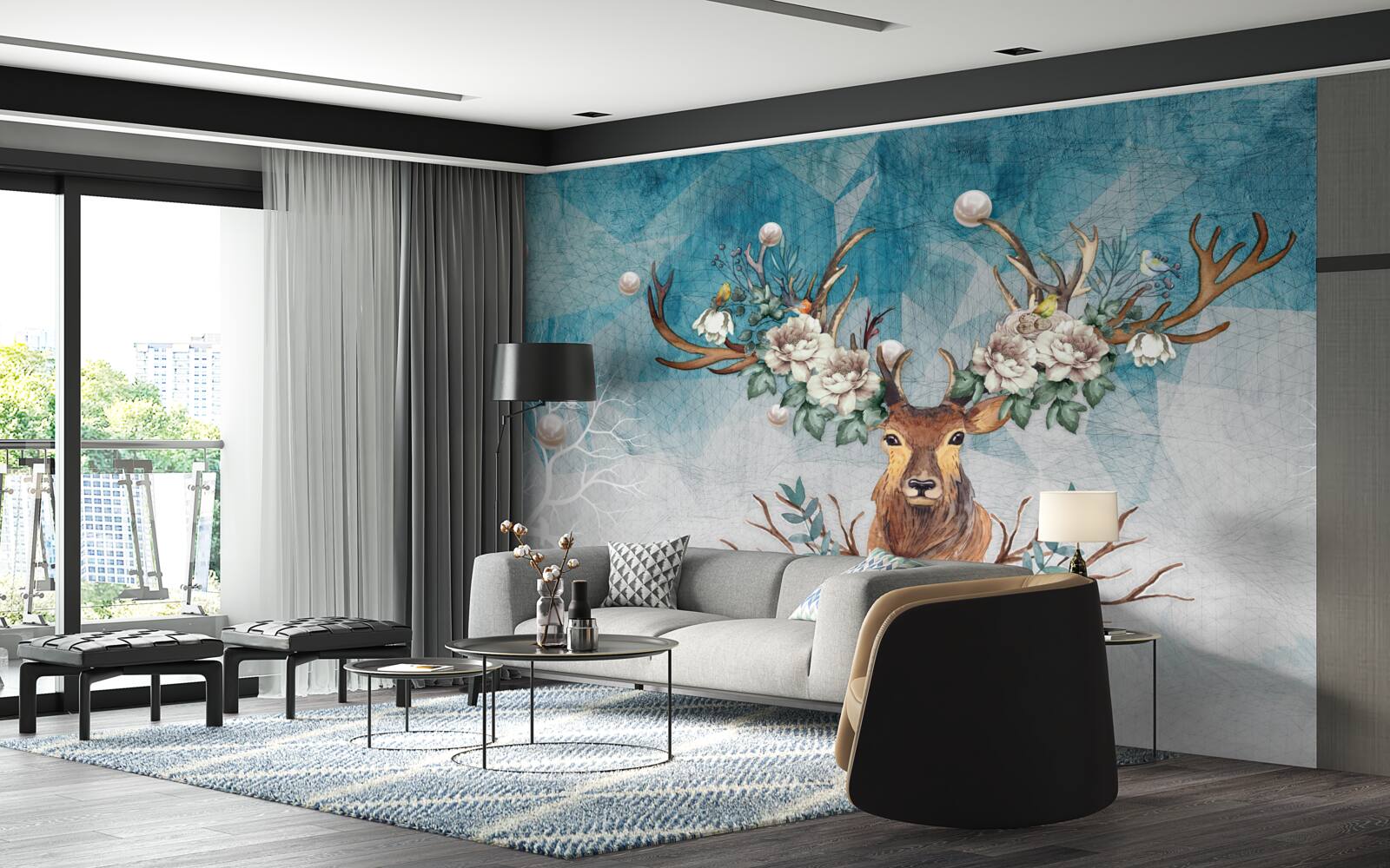 Фотошпалери зимова лань з квітами, що прикрашають її роги