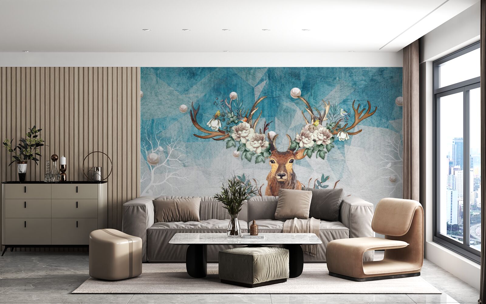 Фотошпалери зимова лань з квітами, що прикрашають її роги