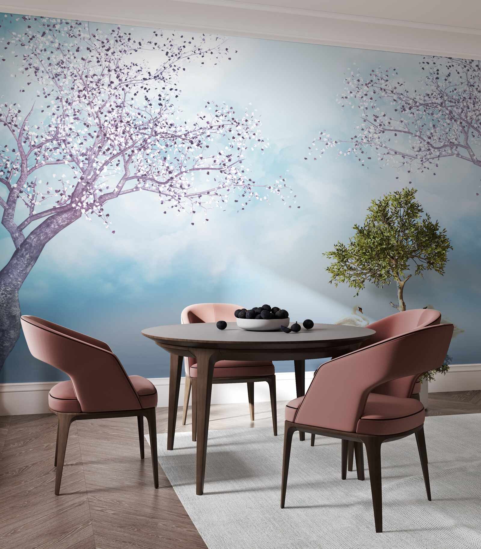 Фотошпалери з лебедями на озері під туманом