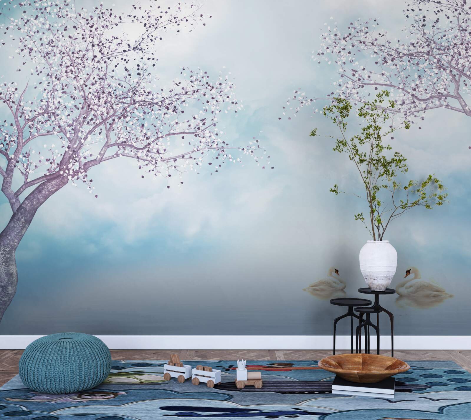 Фотошпалери з лебедями на озері під туманом