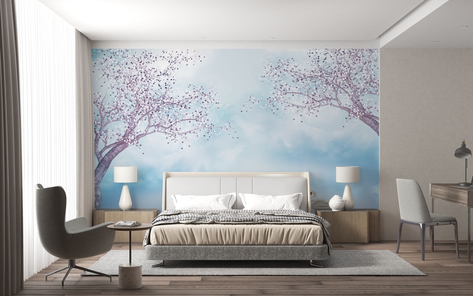 Фотошпалери з лебедями на озері під туманом