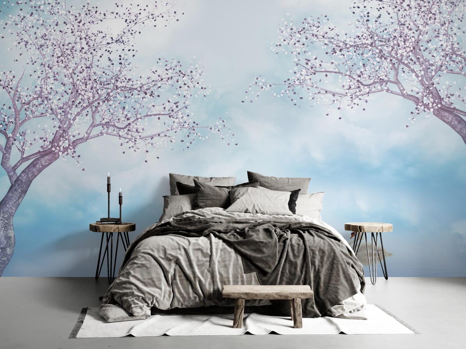 Фотошпалери з лебедями на озері під туманом