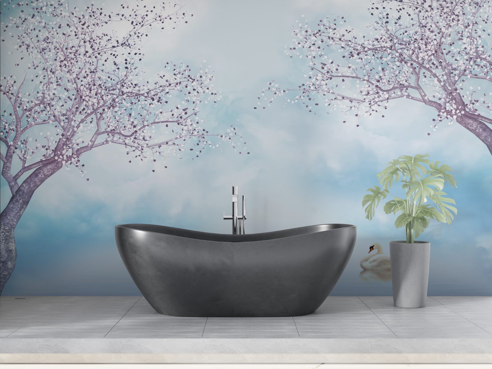 Фотошпалери з лебедями на озері під туманом