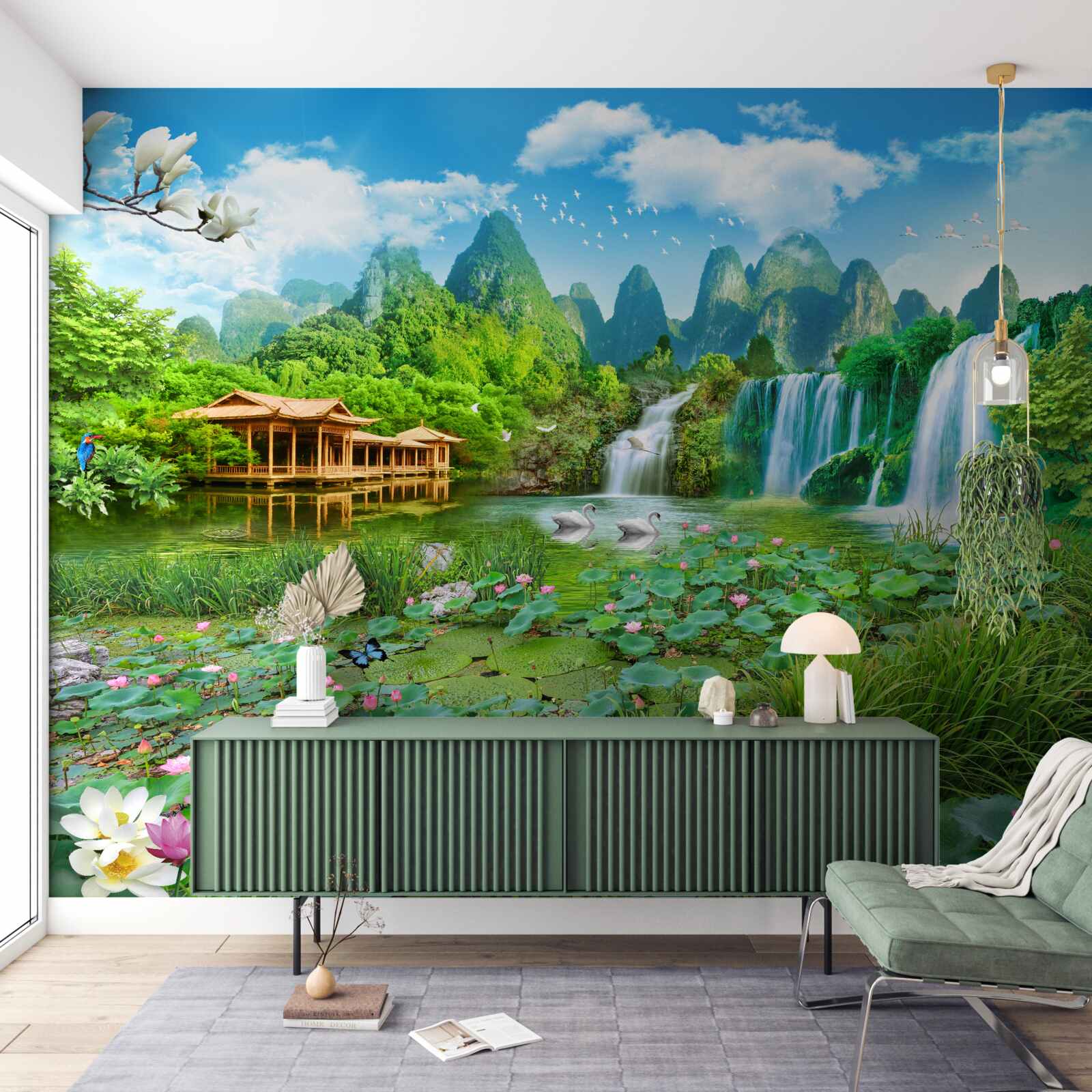 Фотошпалери проживання біля водоспаду, що впадає в природну водойму