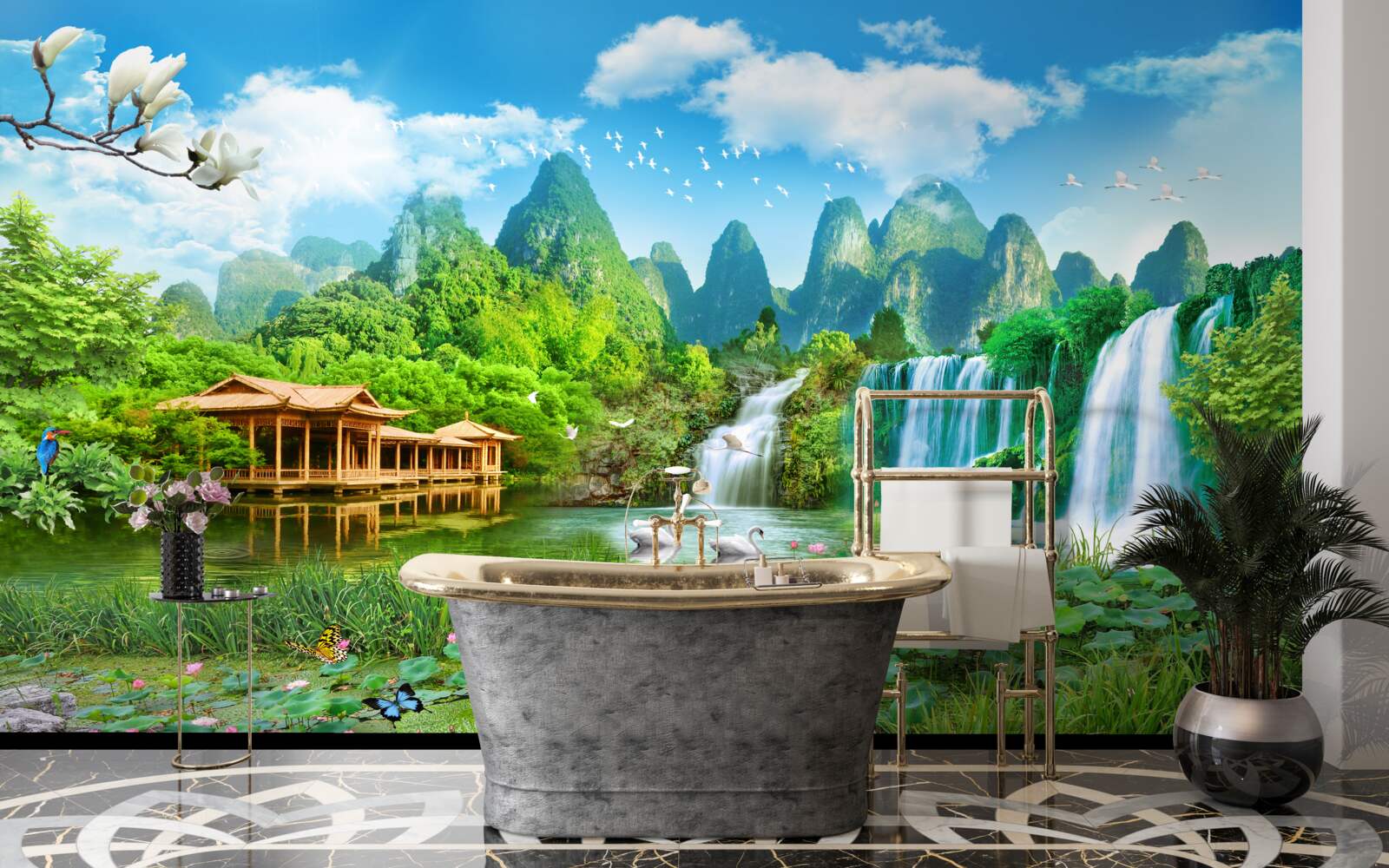 Фотошпалери проживання біля водоспаду, що впадає в природну водойму