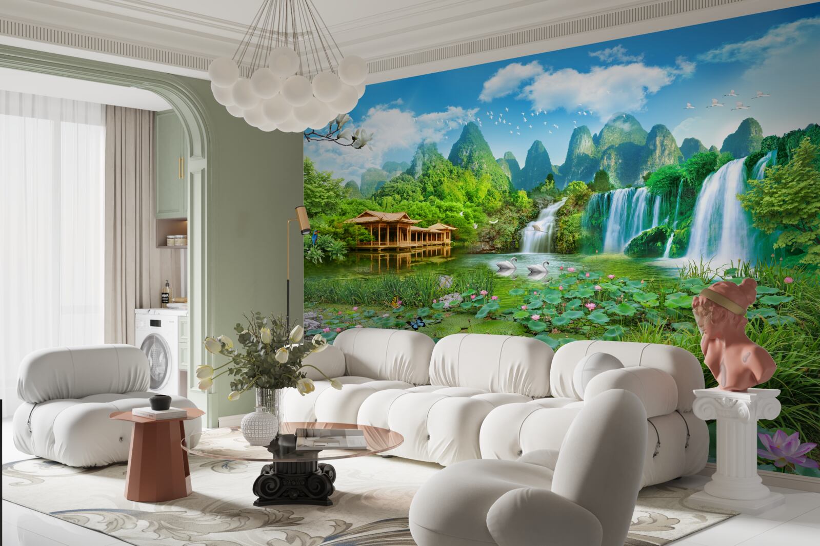 Фотошпалери проживання біля водоспаду, що впадає в природну водойму