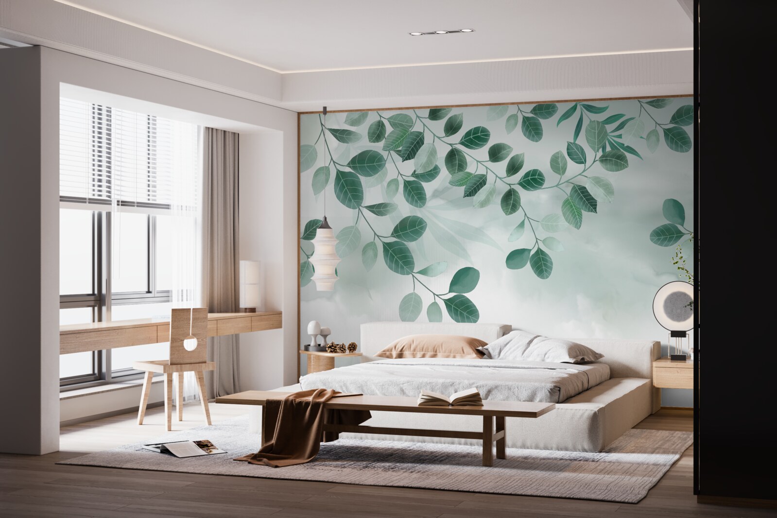 Фотошпалери гілки з зеленим листям, що розкинулися на тлі неба