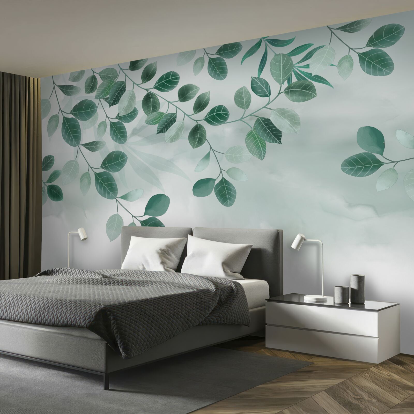 Фотошпалери гілки з зеленим листям, що розкинулися на тлі неба