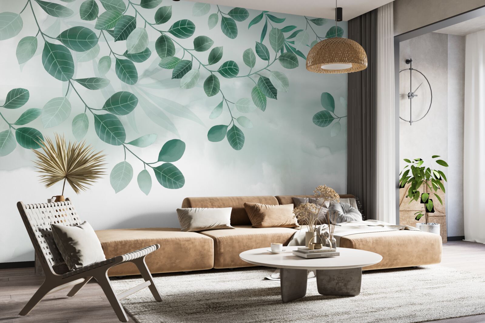 Фотошпалери гілки з зеленим листям, що розкинулися на тлі неба