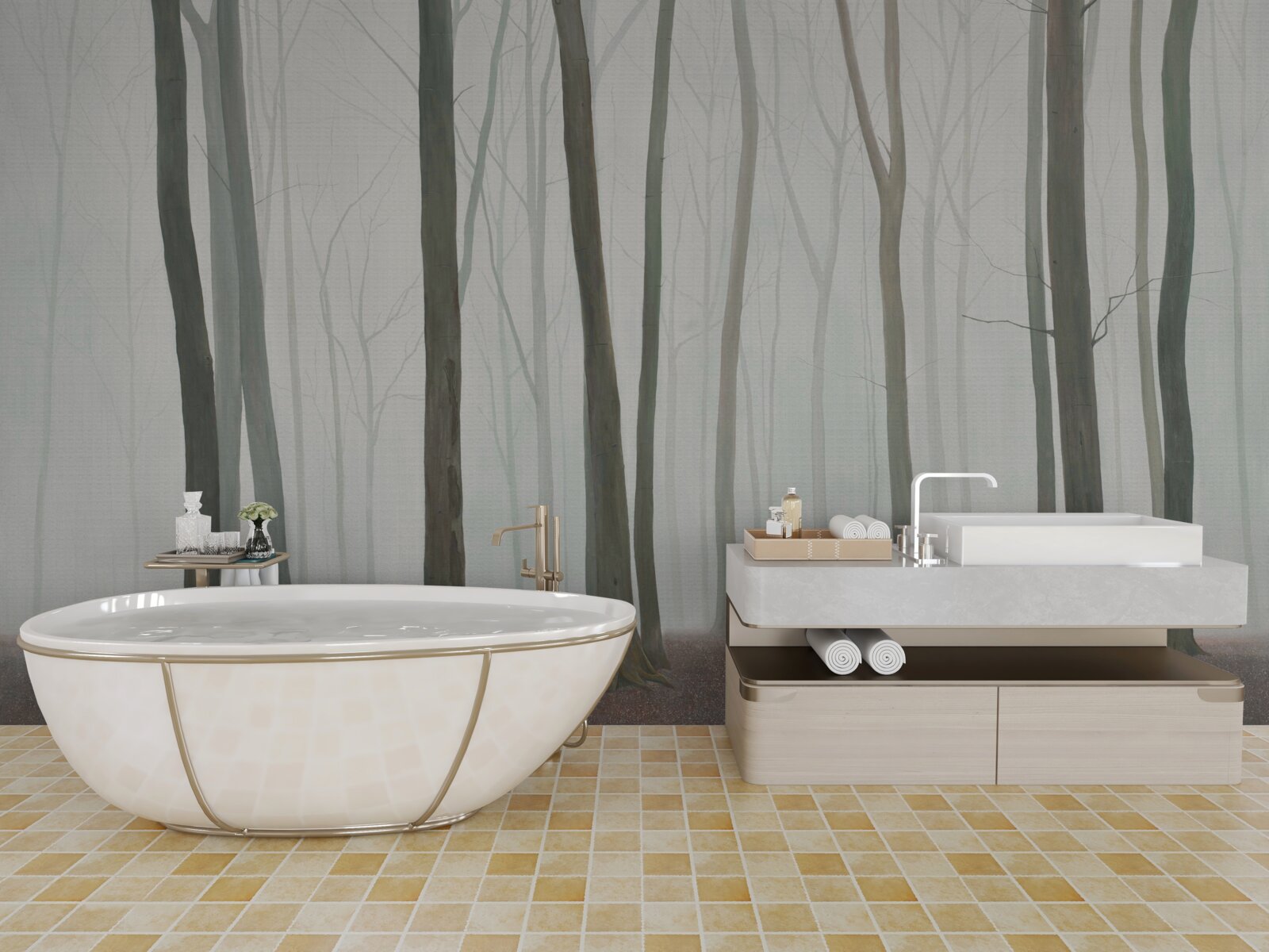 Фотошпалери поодинокі дерева, оточені туманом