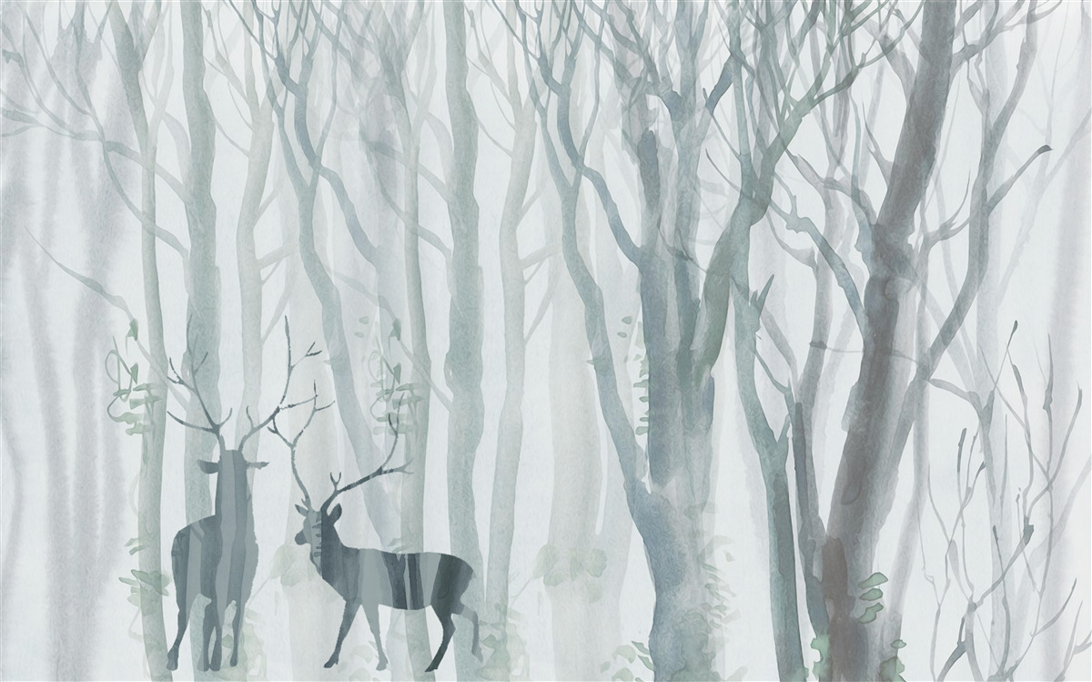 Фотошпалери зимовий ліс, туманний, населений оленями