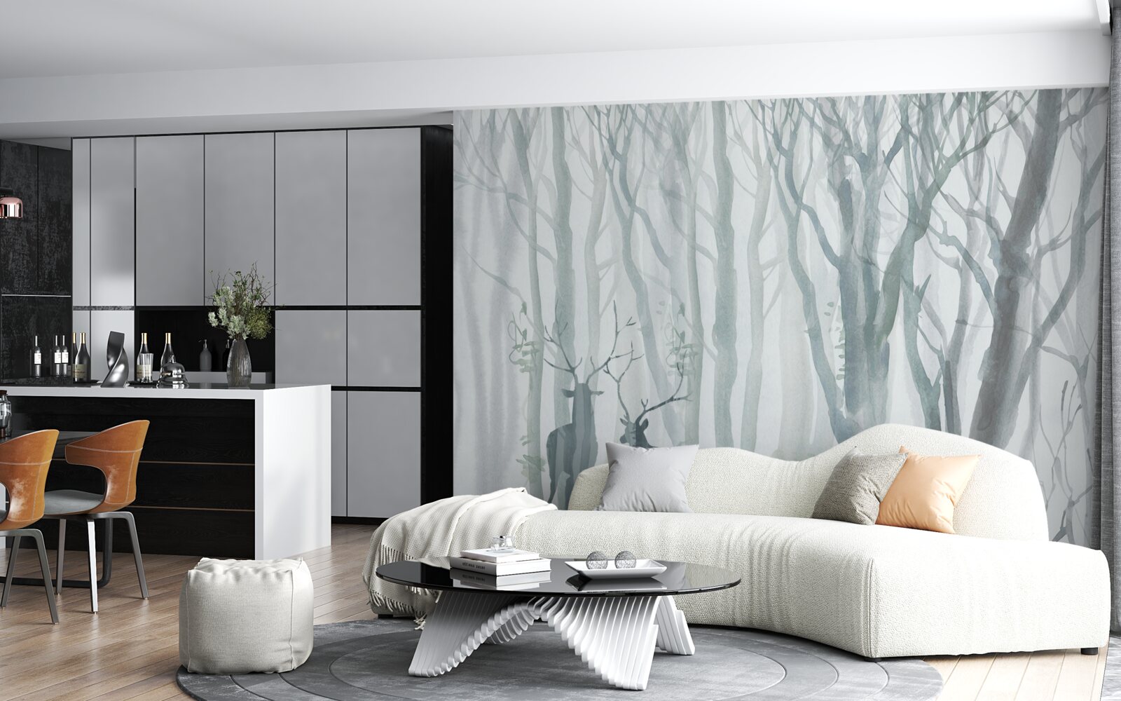 Фотошпалери зимовий ліс, туманний, населений оленями