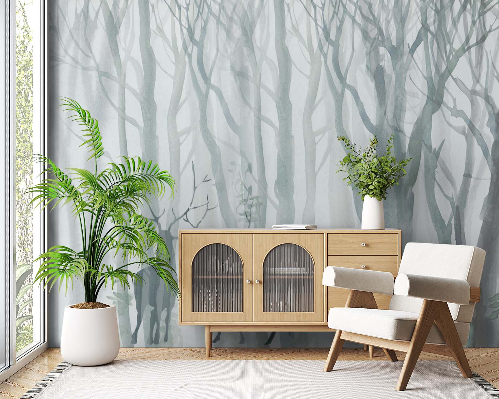 Фотошпалери зимовий ліс, туманний, населений оленями