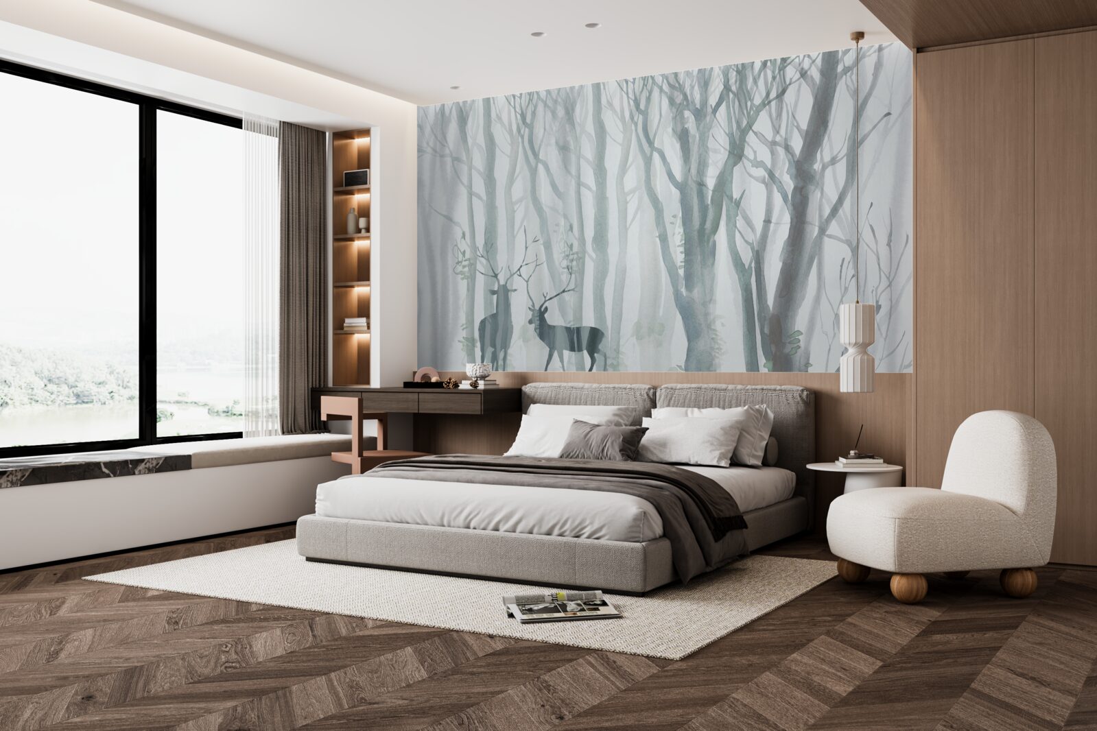 Фотошпалери зимовий ліс, туманний, населений оленями