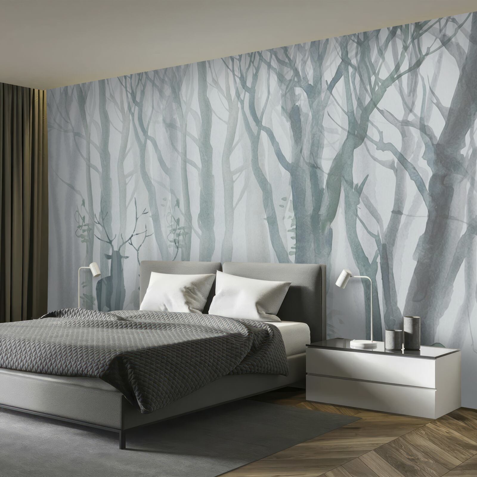 Фотошпалери зимовий ліс, туманний, населений оленями