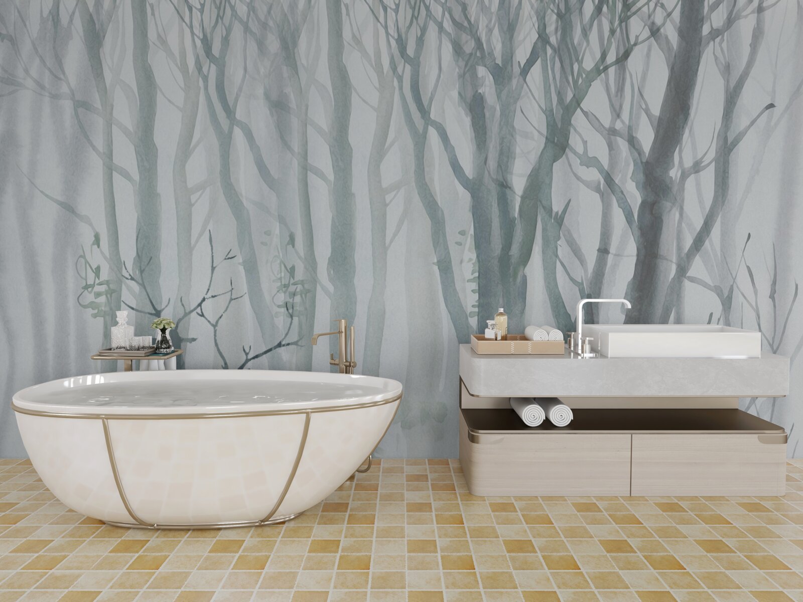 Фотошпалери зимовий ліс, туманний, населений оленями