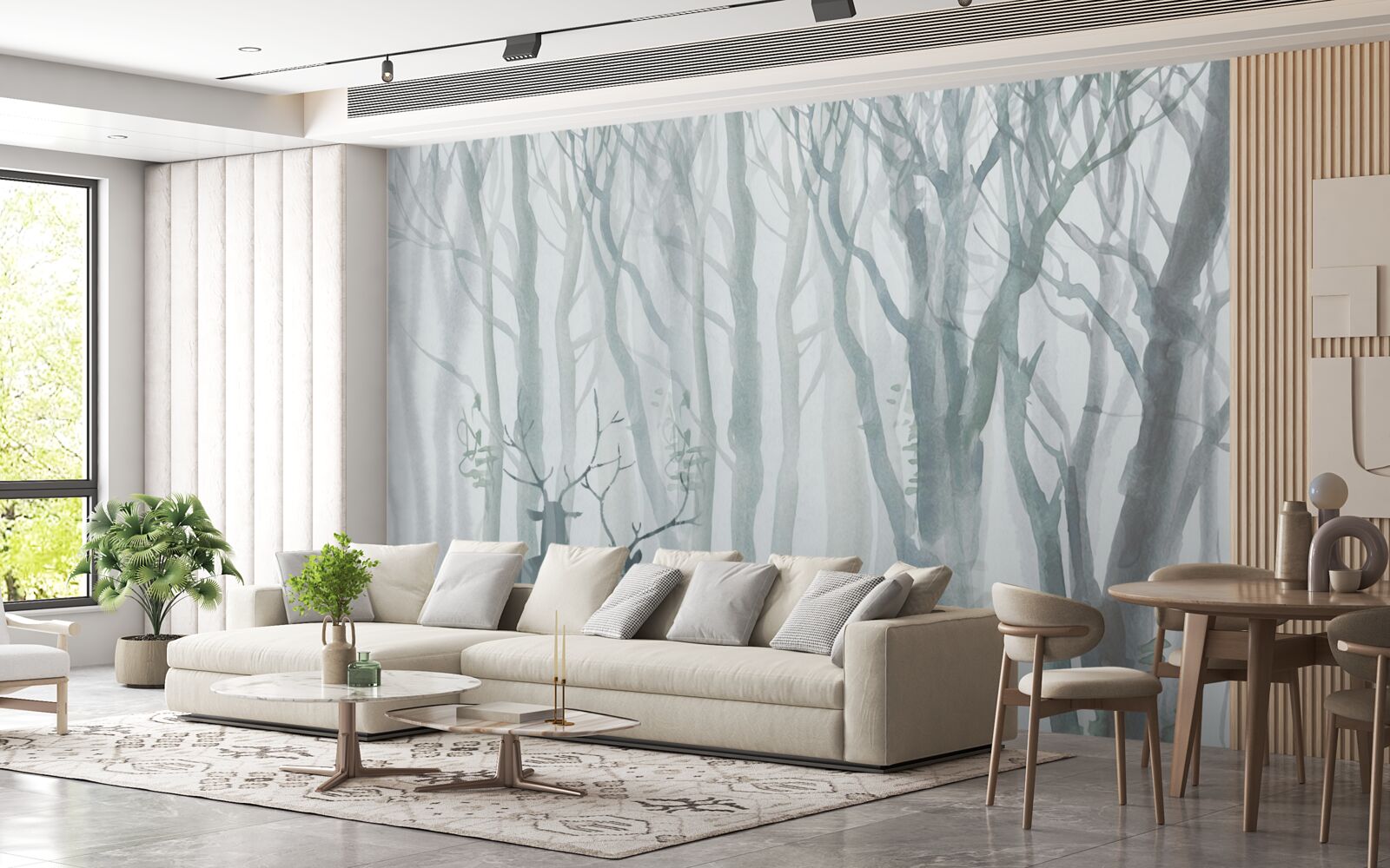 Фотошпалери зимовий ліс, туманний, населений оленями