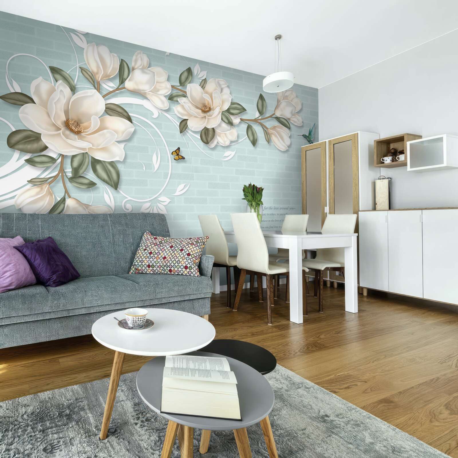 Фотошпалери метелики та колібрі біля білосніжних бруньок