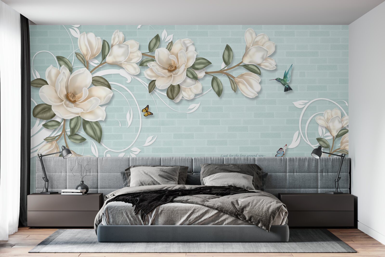 Фотошпалери метелики та колібрі біля білосніжних бруньок