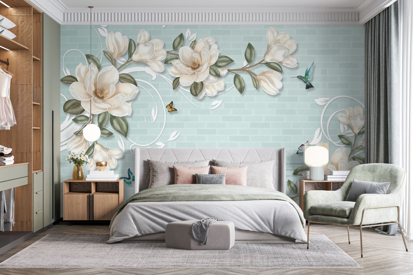 Фотошпалери метелики та колібрі біля білосніжних бруньок