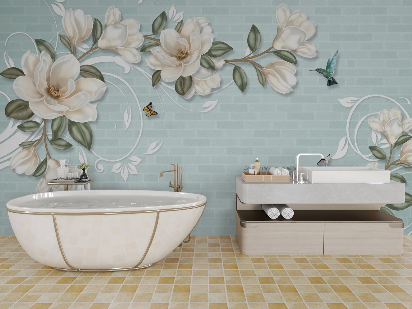 Фотошпалери метелики та колібрі біля білосніжних бруньок