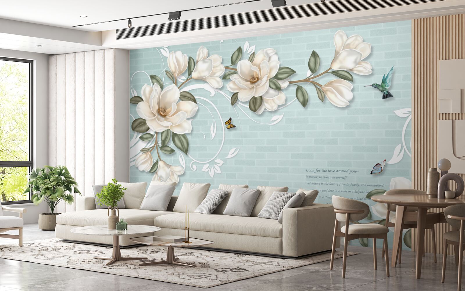 Фотошпалери метелики та колібрі біля білосніжних бруньок