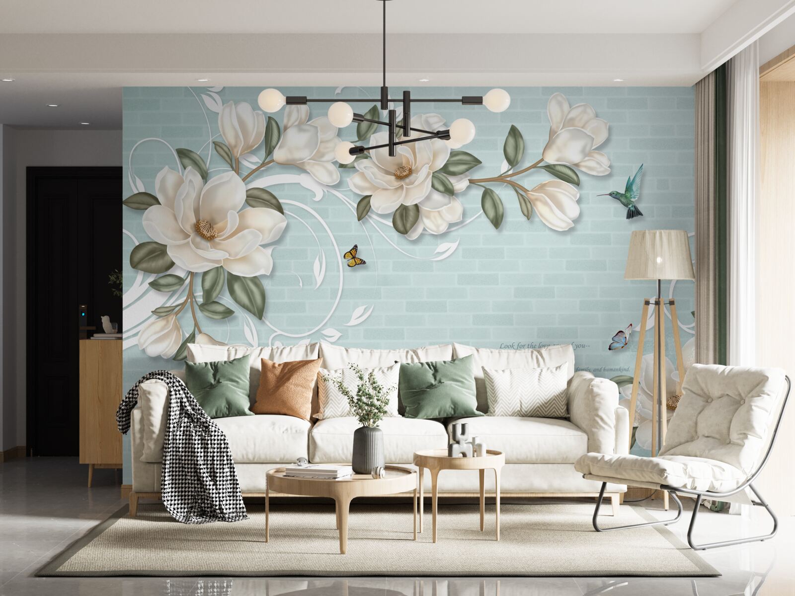 Фотошпалери метелики та колібрі біля білосніжних бруньок