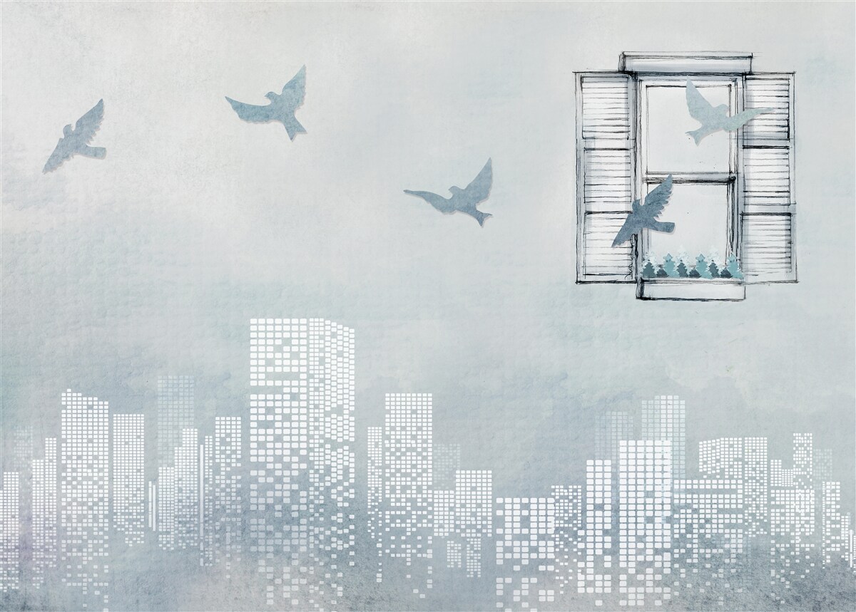 Фотошпалери птахи, що пролітають над великим містом