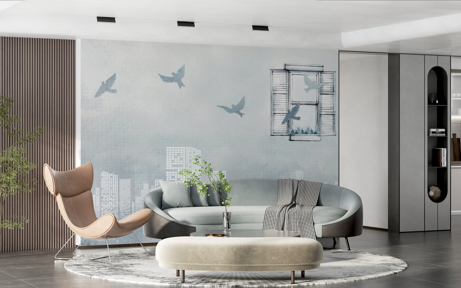 Фотошпалери птахи, що пролітають над великим містом