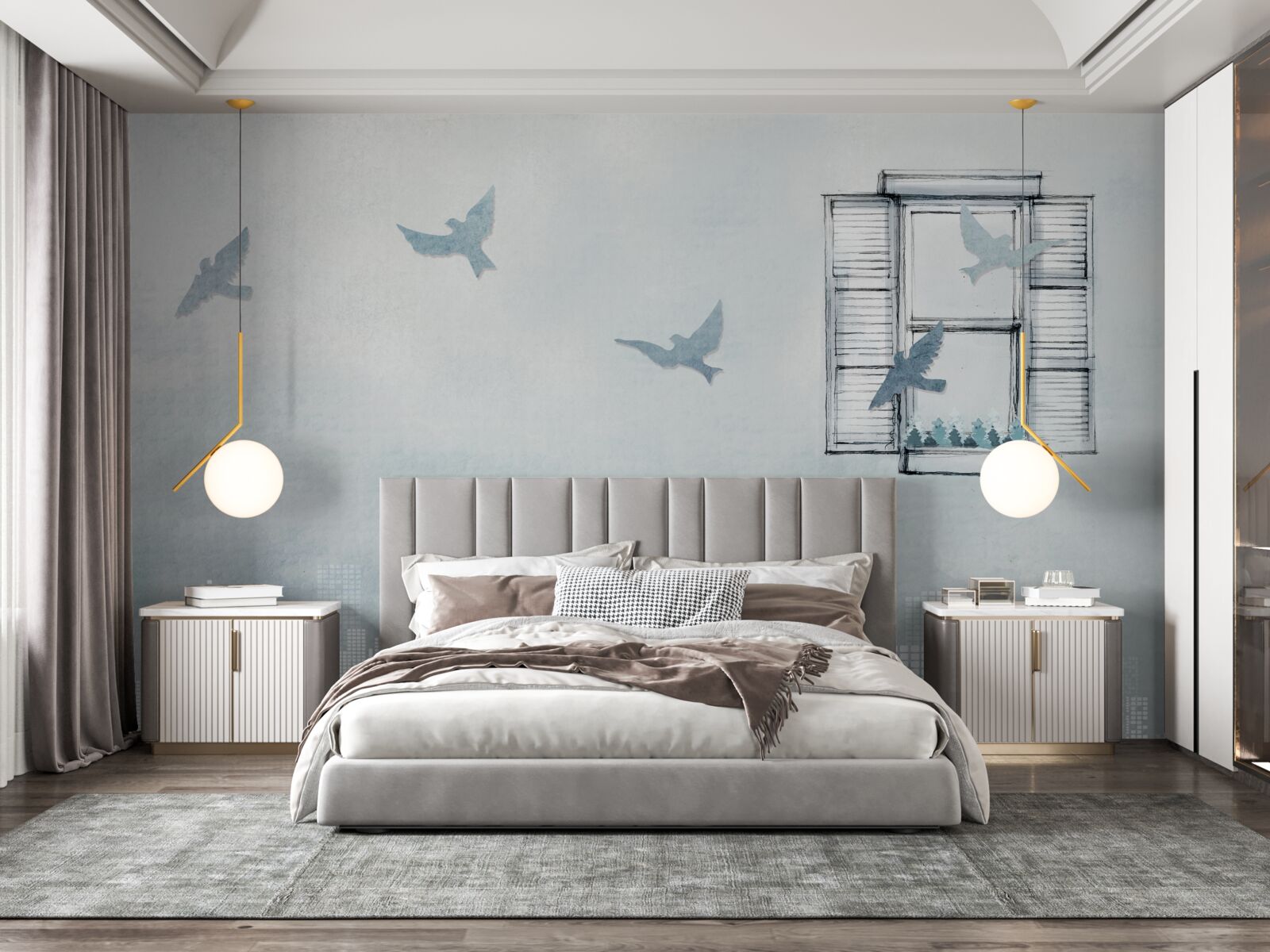 Фотошпалери птахи, що пролітають над великим містом