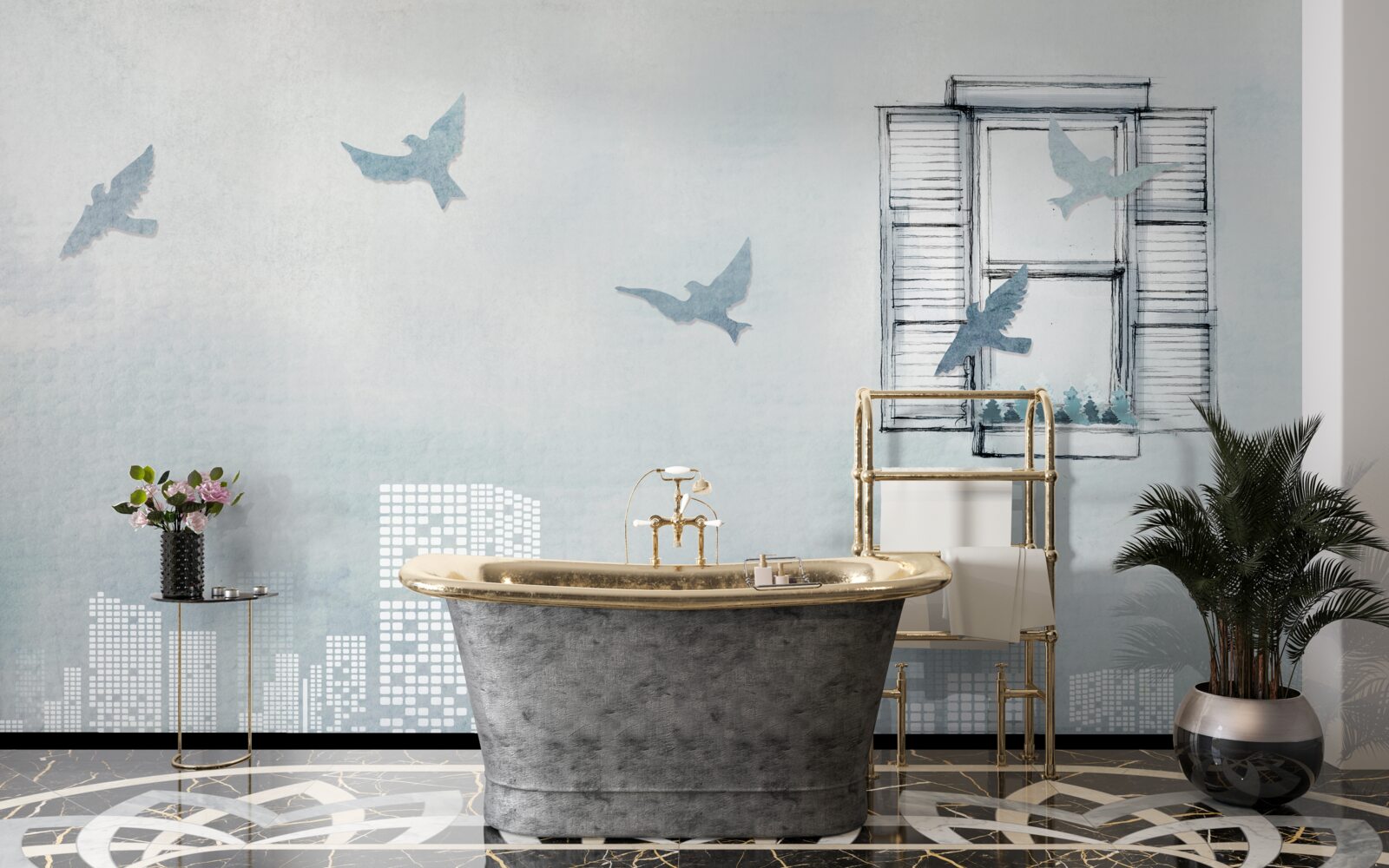 Фотошпалери птахи, що пролітають над великим містом