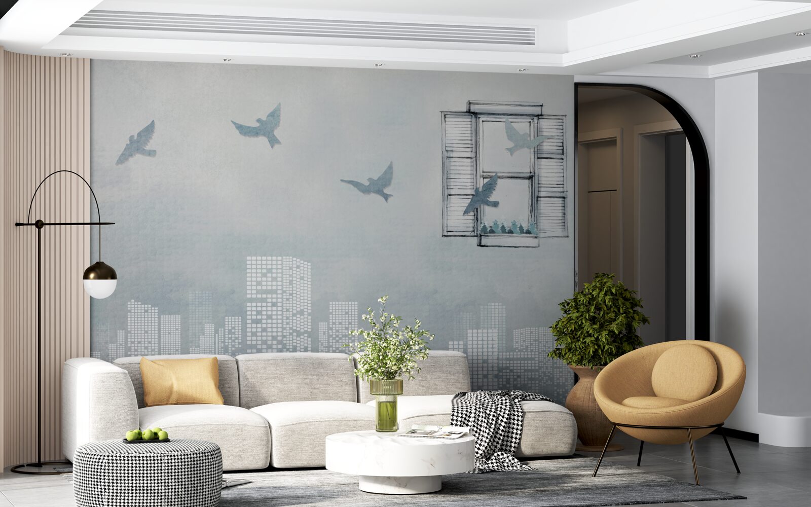 Фотошпалери птахи, що пролітають над великим містом