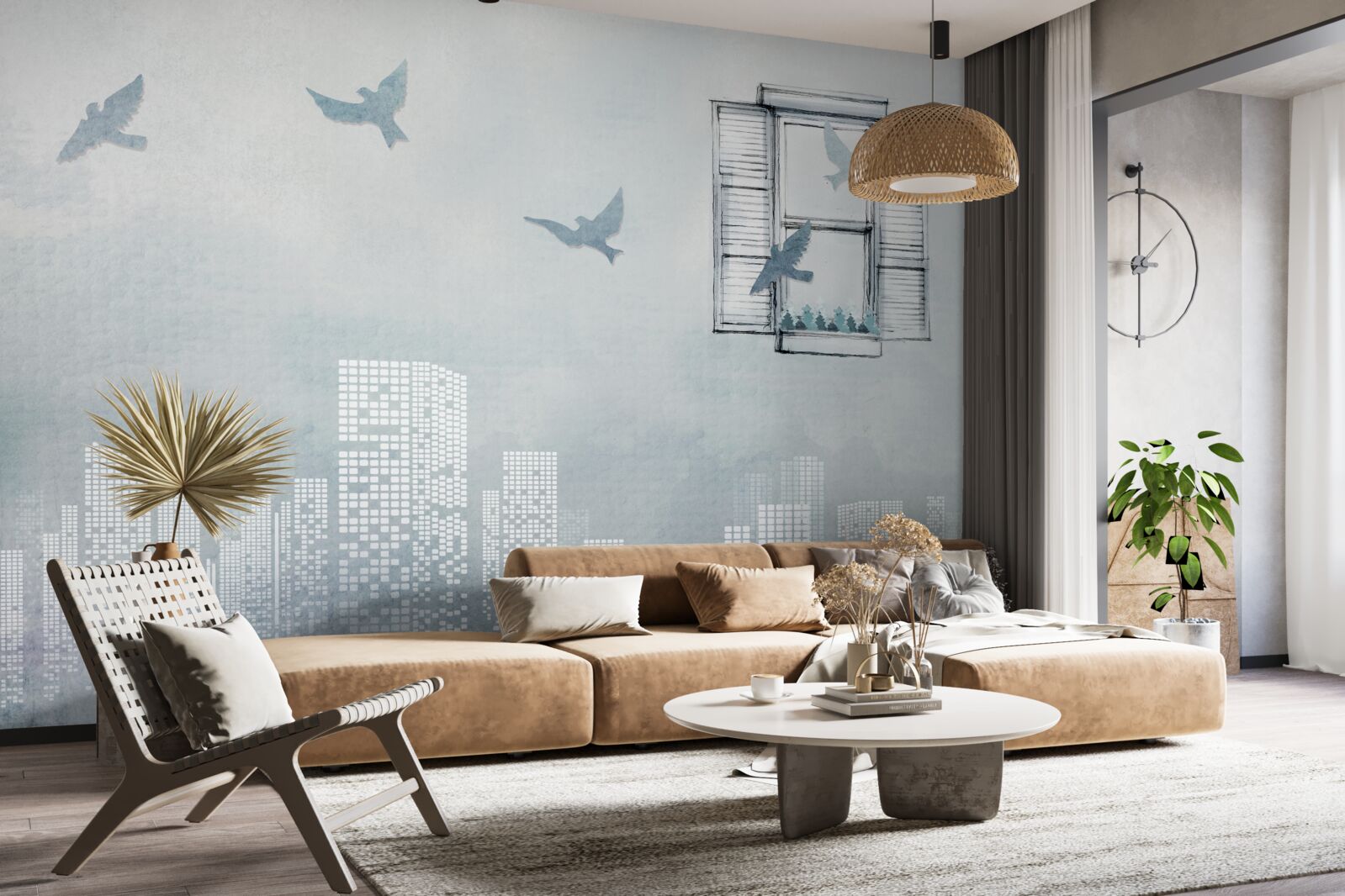 Фотошпалери птахи, що пролітають над великим містом