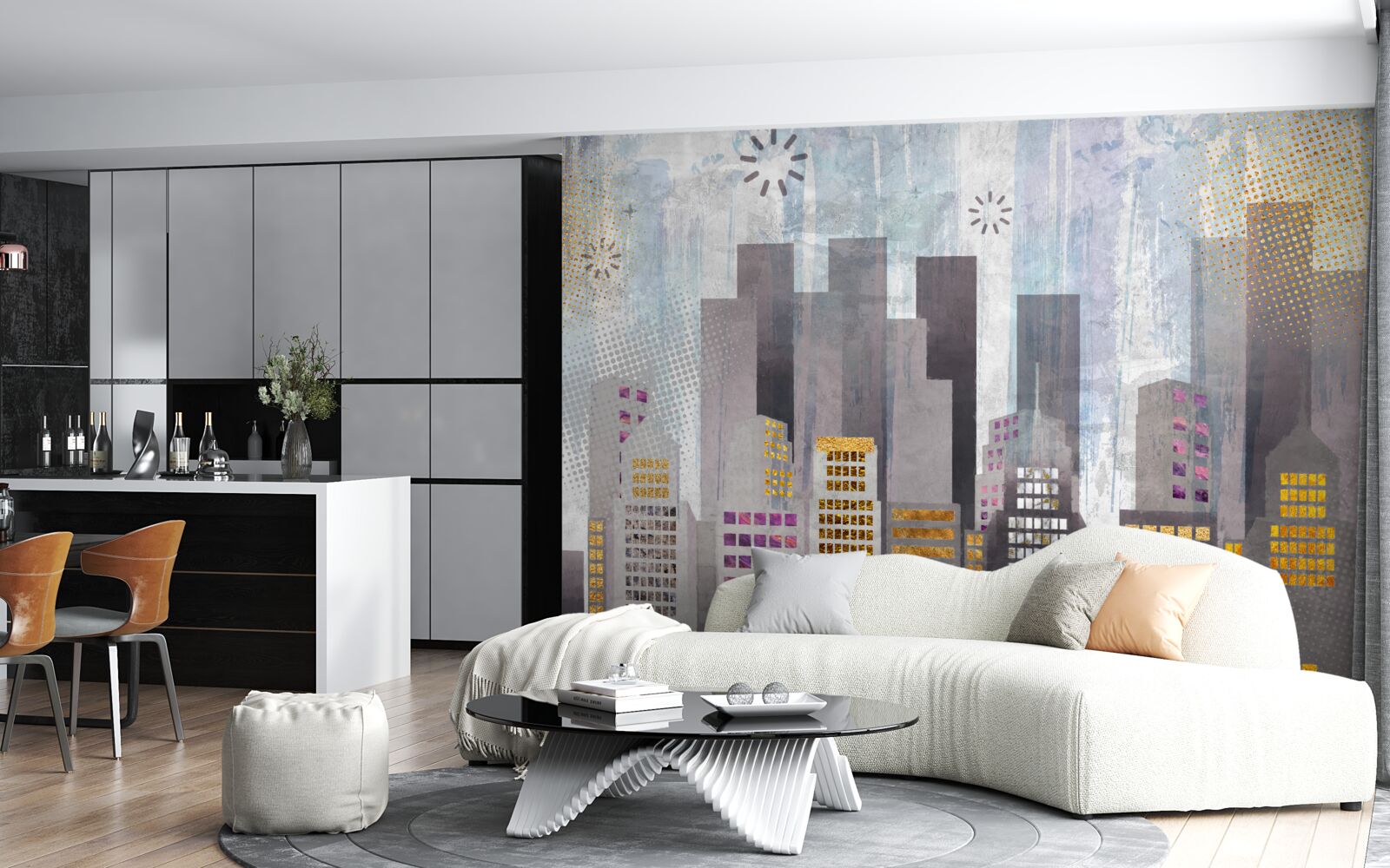 Фотошпалери місто, вкрите сірим кольором, з блискучими золотими вогнями