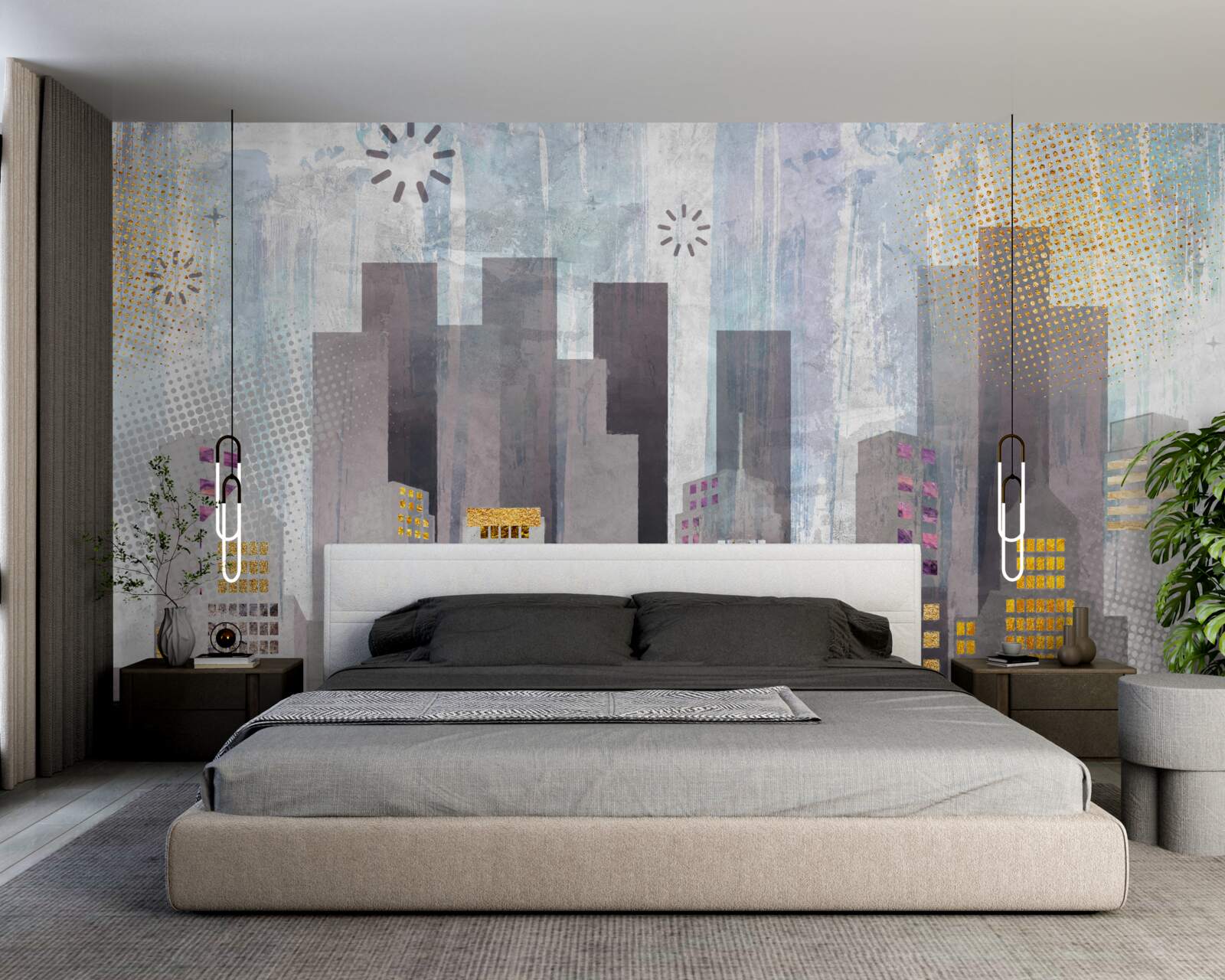 Фотошпалери місто, вкрите сірим кольором, з блискучими золотими вогнями