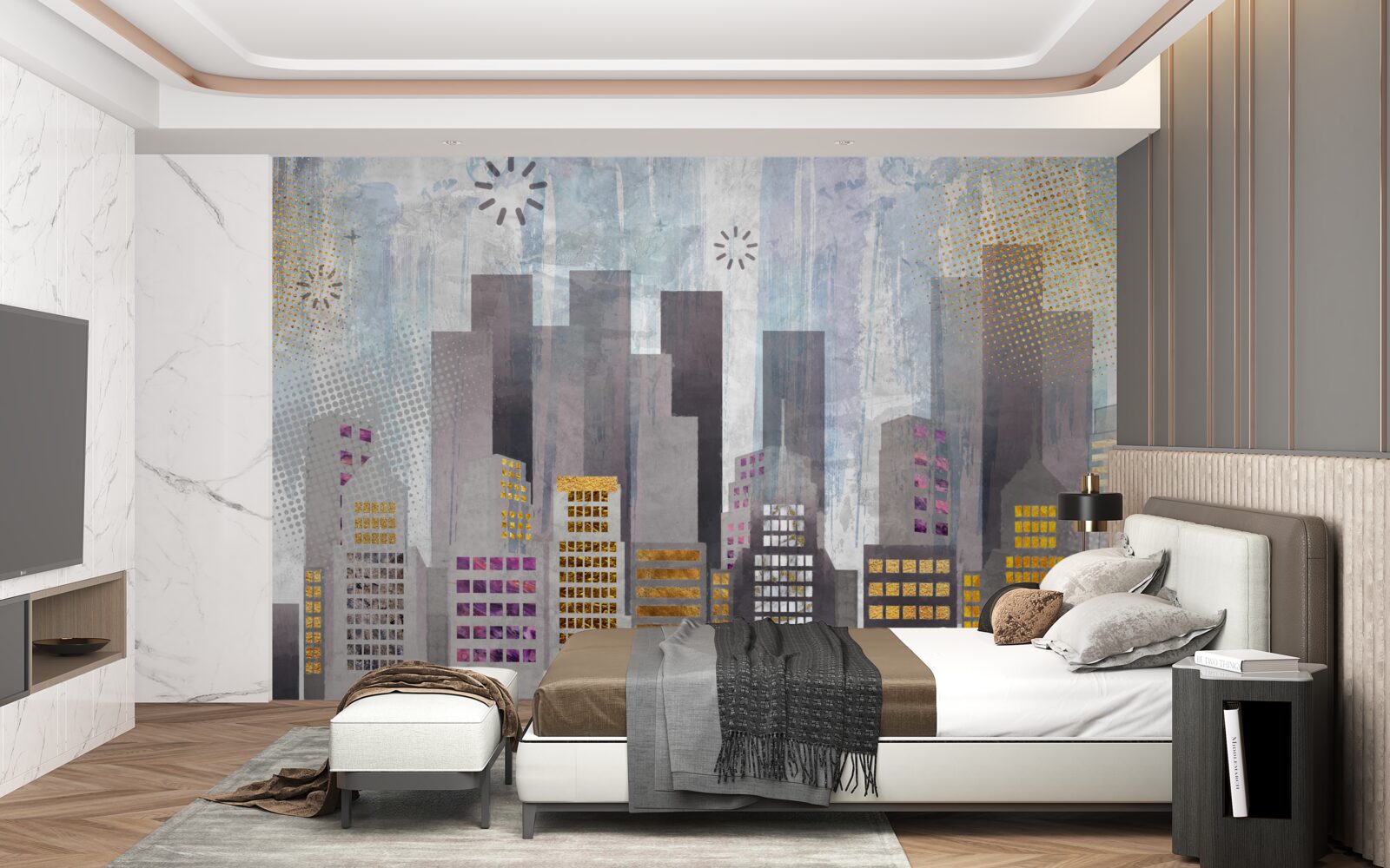 Фотошпалери місто, вкрите сірим кольором, з блискучими золотими вогнями