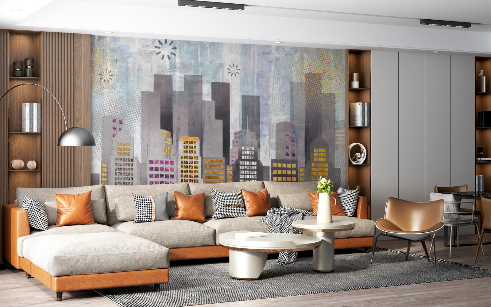 Фотошпалери місто, вкрите сірим кольором, з блискучими золотими вогнями