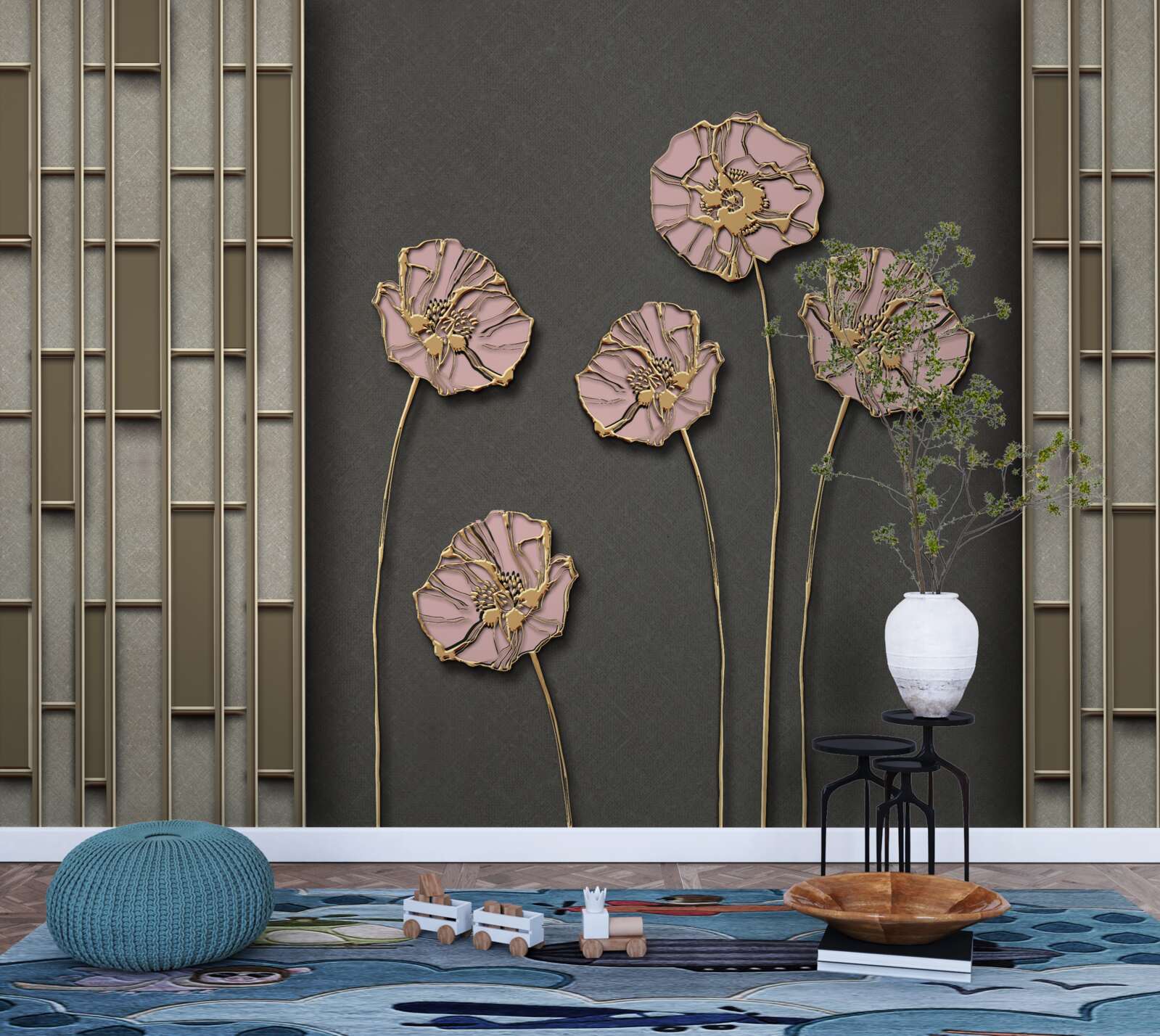 Фотошпалери елегантні маки на сріблястому тлі