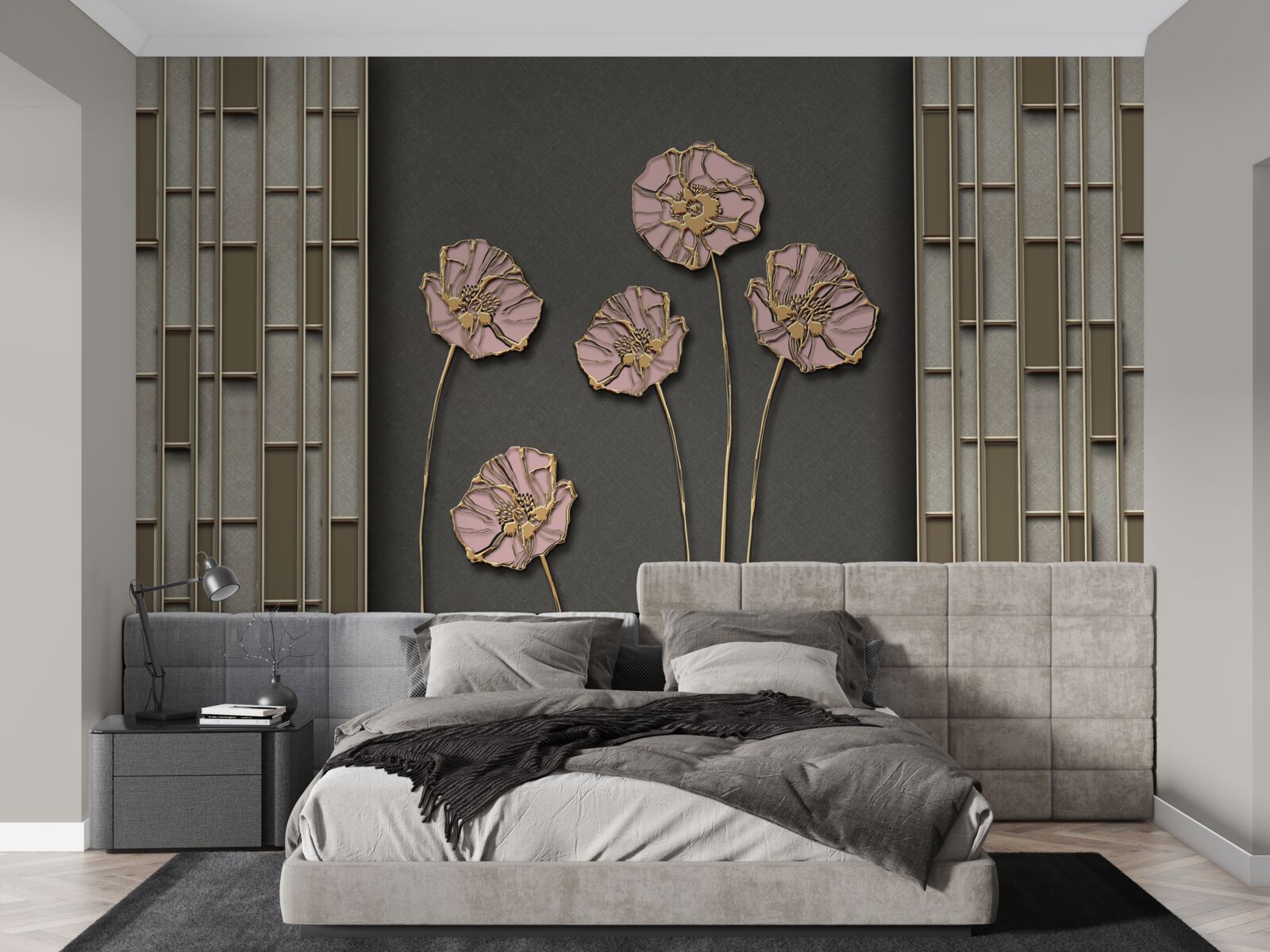 Фотошпалери елегантні маки на сріблястому тлі