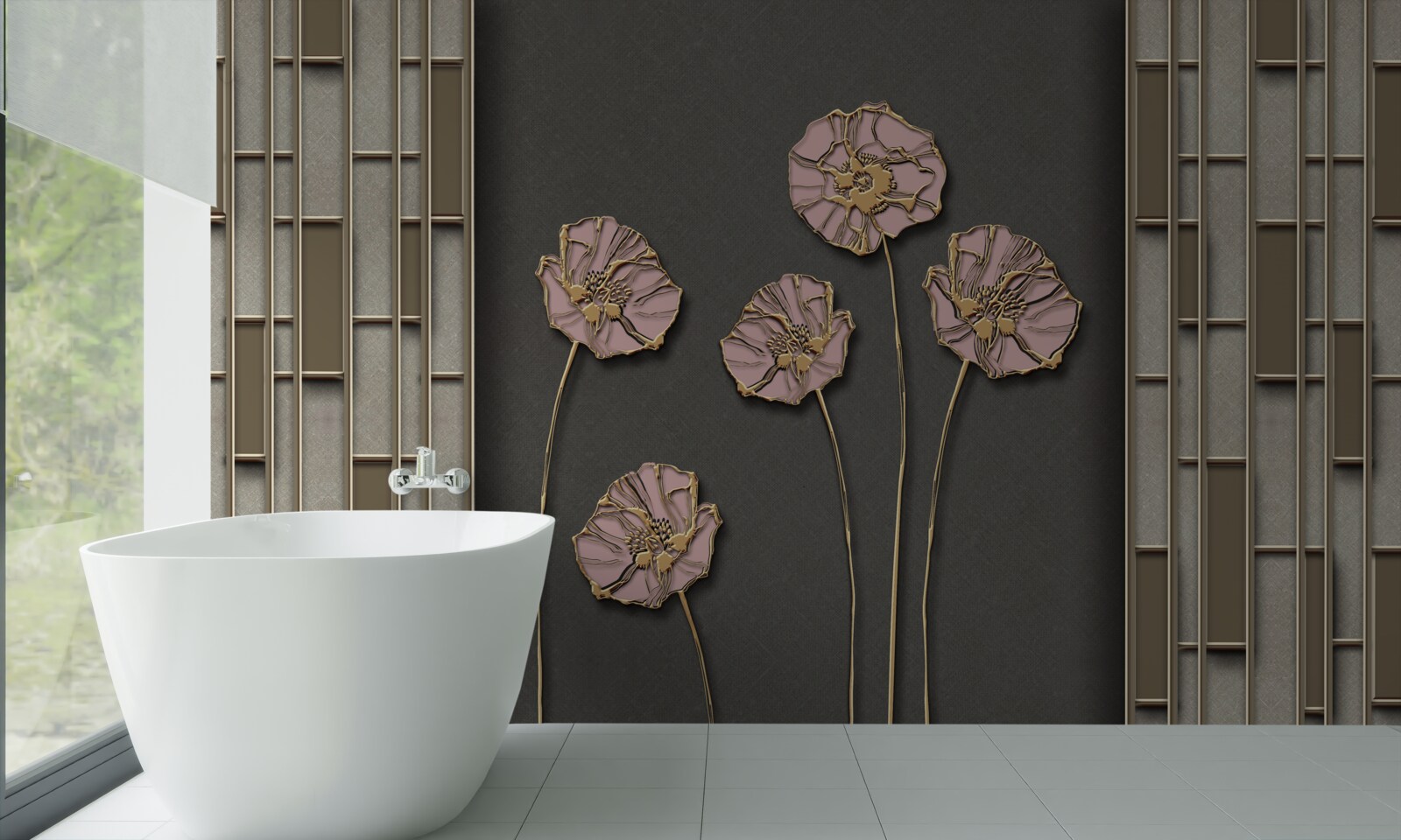 Фотошпалери елегантні маки на сріблястому тлі