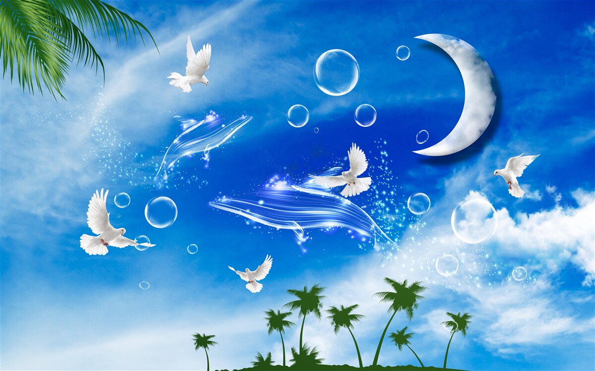 Фотошпалери місяць у денному небі та голуби