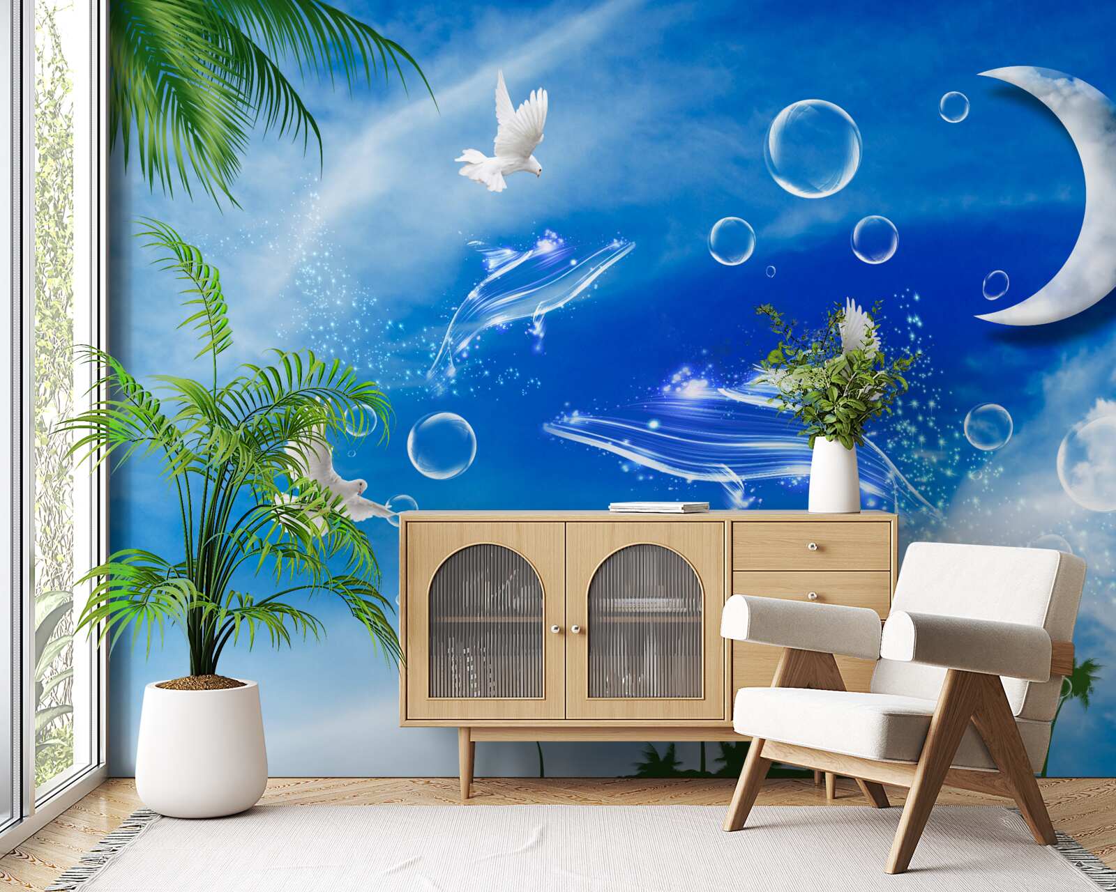 Фотошпалери місяць у денному небі та голуби